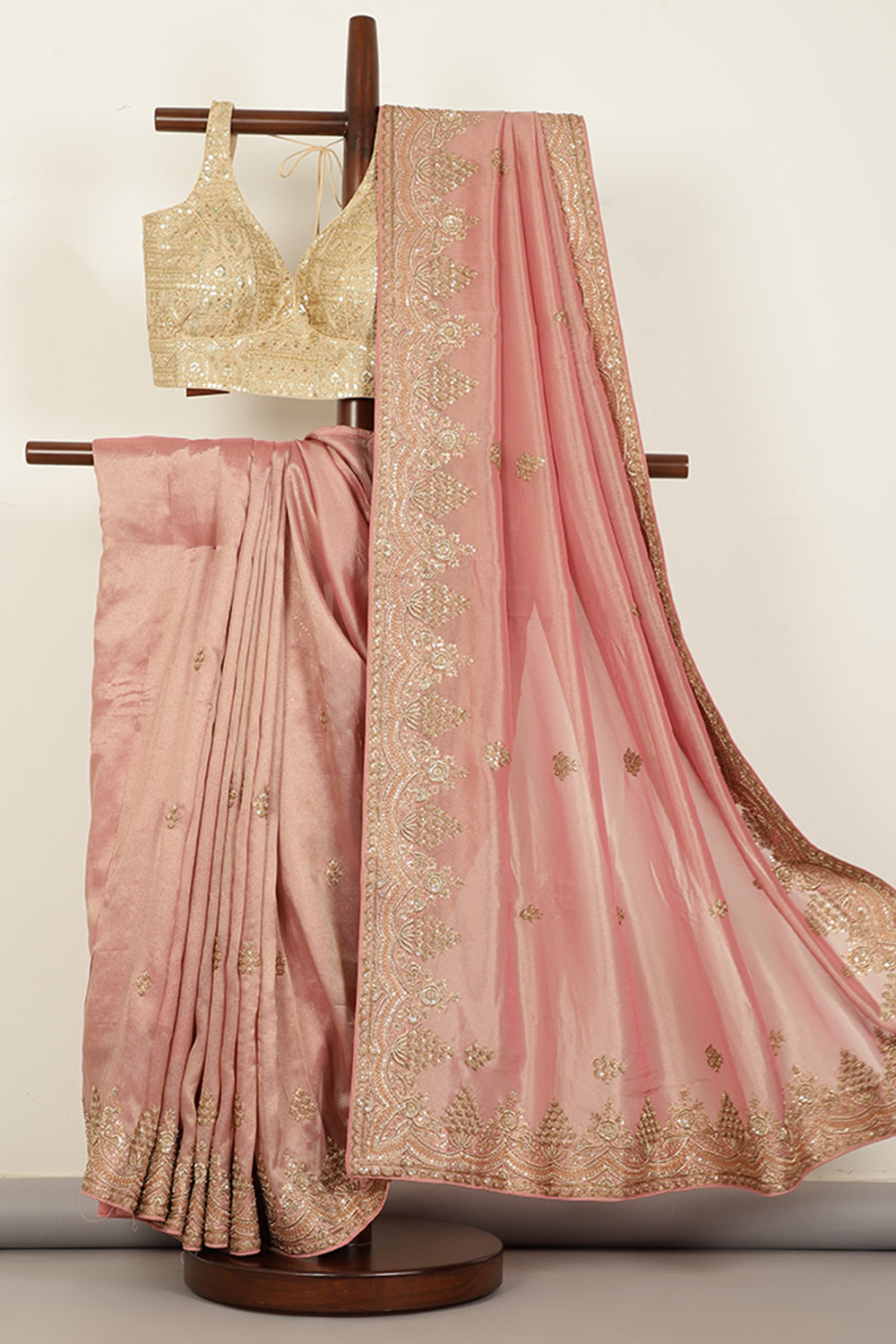 Pink Color Pure Tissue Silk Saree with Zardozi & Sequence Handwork