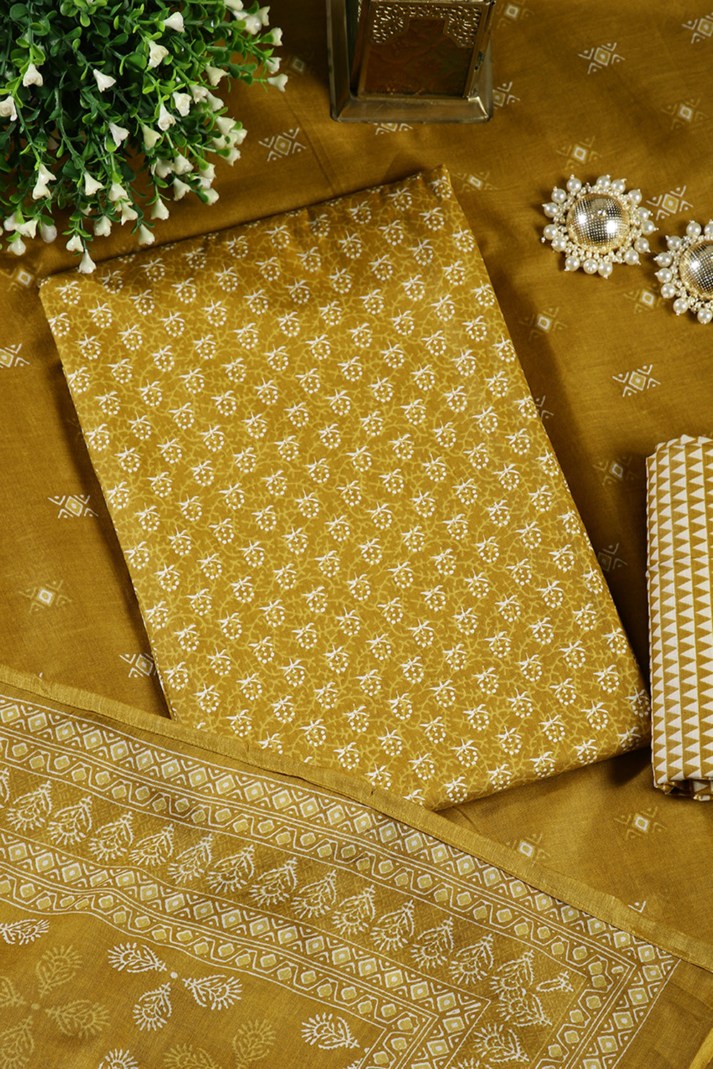 Mustard Color Cotton Printed Unstitched Suit