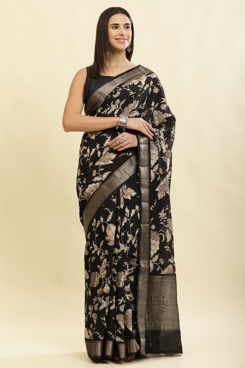 Black Cotton Silk Floral Printed & Zari Border Saree
