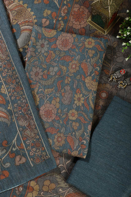 Pale Blue Floral Printed Spun Unstitched Suit Material