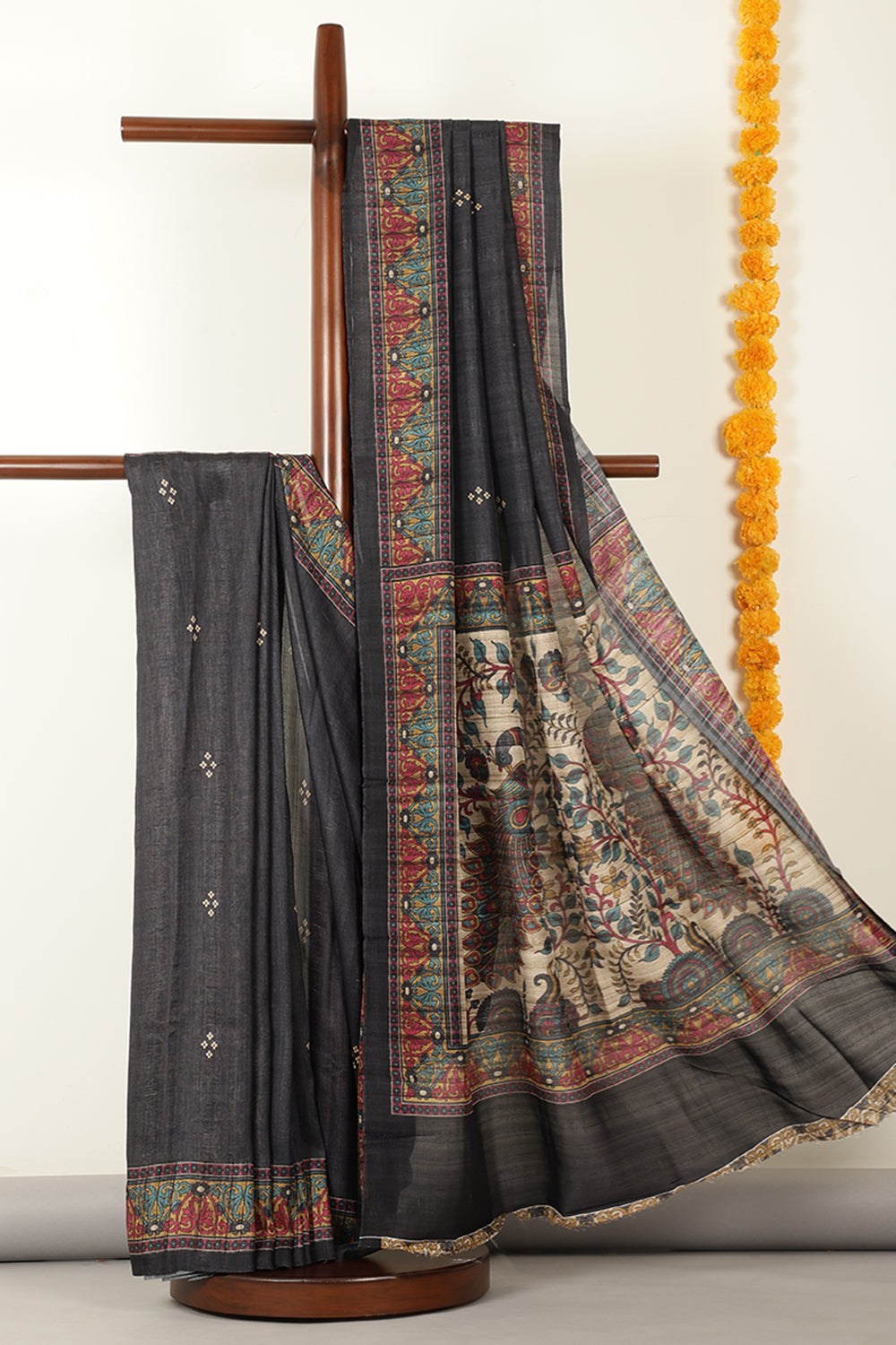 Black Madhubani Printed Tussar Silk Saree