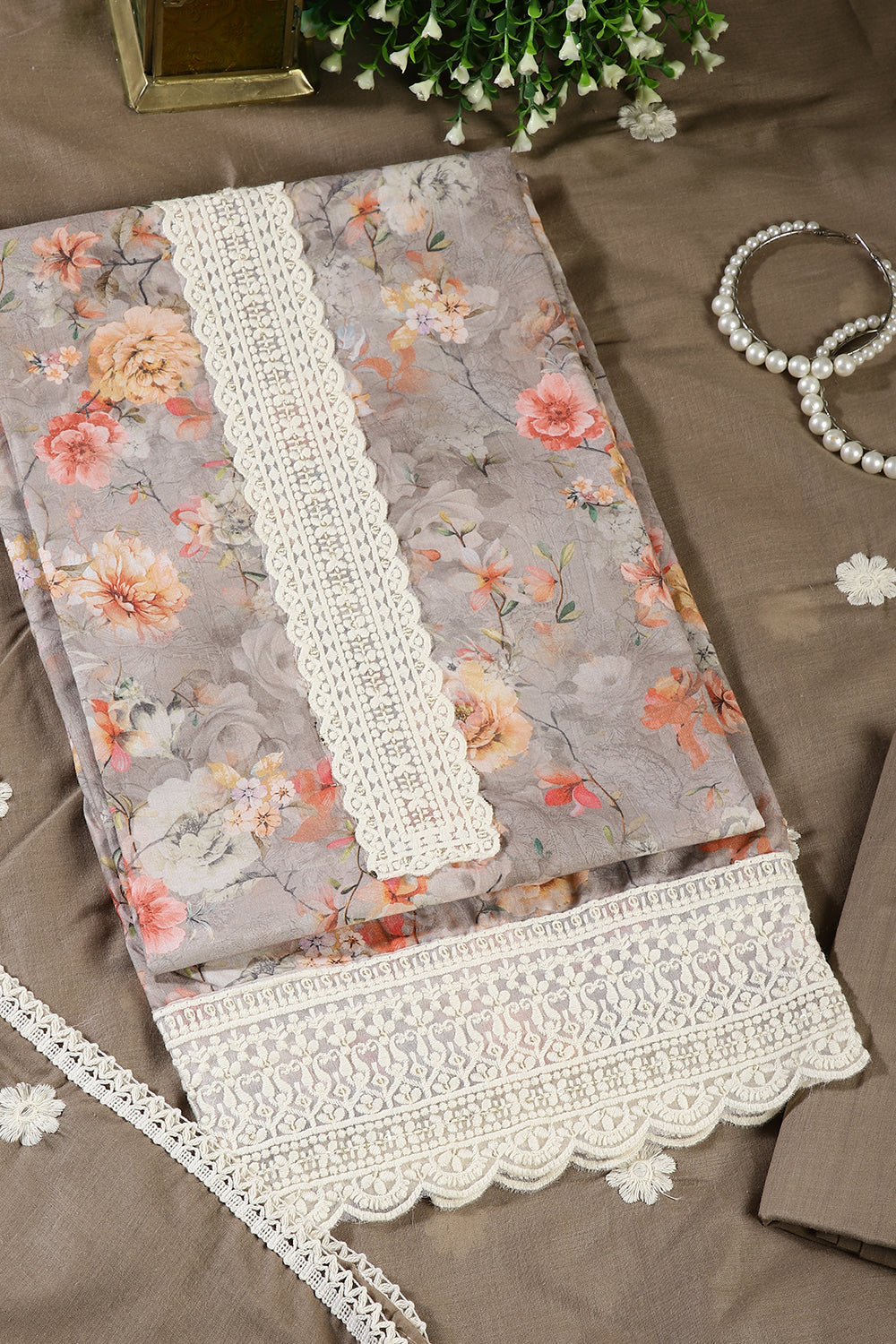 Brown Color Cotton Flower Printed and Lace Work Unstitched Suit Fabric