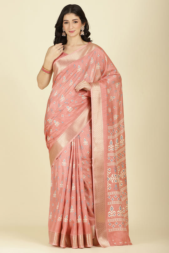 Peach Cotton Silk Printed And Zari Woven Saree