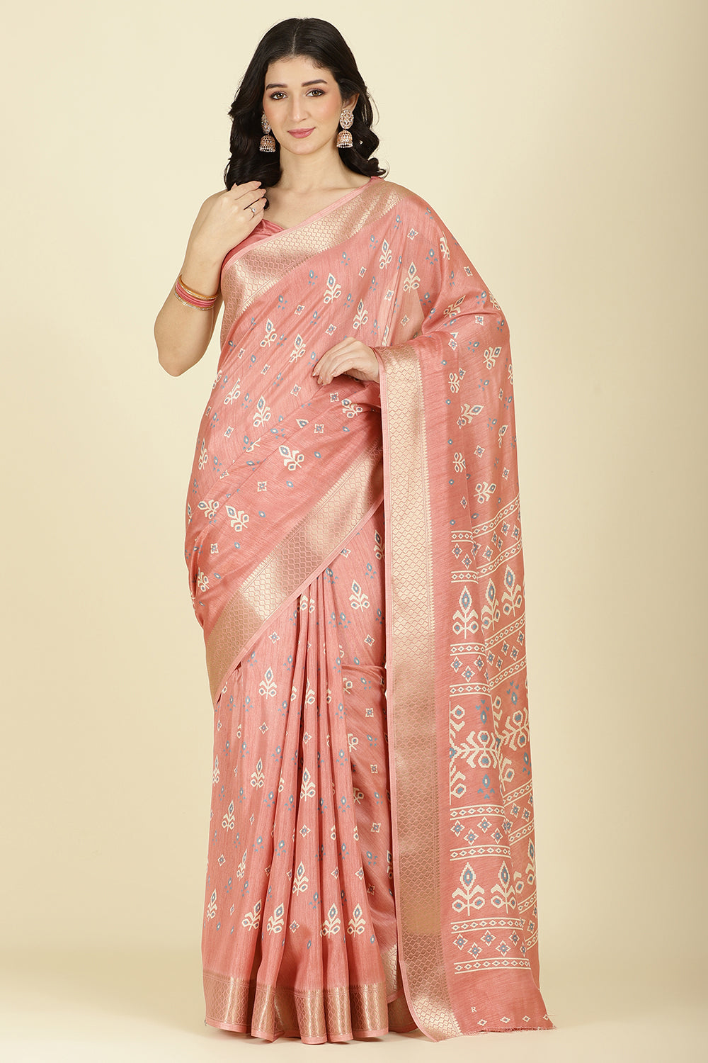 Peach Cotton Silk Printed And Zari Woven Saree