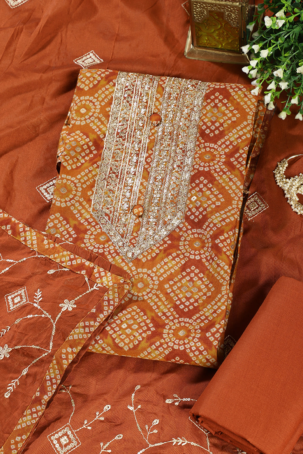 Rust Cotton Bandhani Printed & Neck Embroidered Unstitched Suit Fabric
