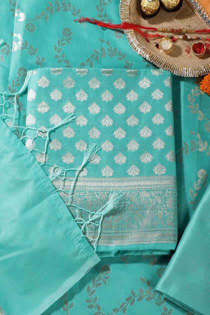 Sea Green Silk Zari Woven Unstitched Suit Fabric