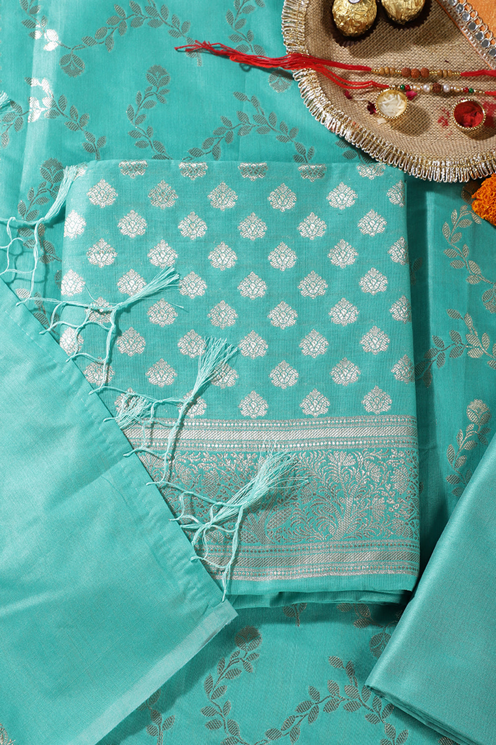 Sea Green Silk Zari Woven Unstitched Suit Fabric