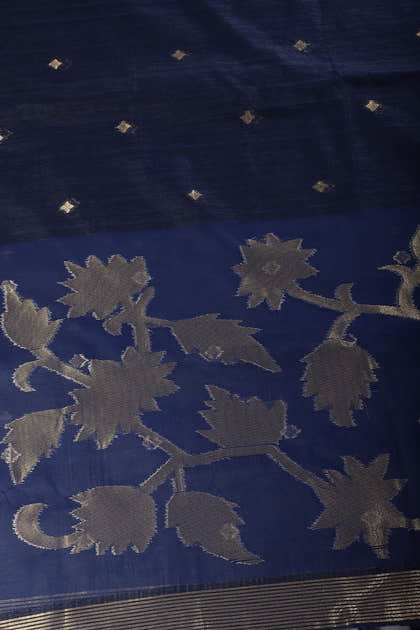 Navy Tussar Silk Floral Zari Woven Saree