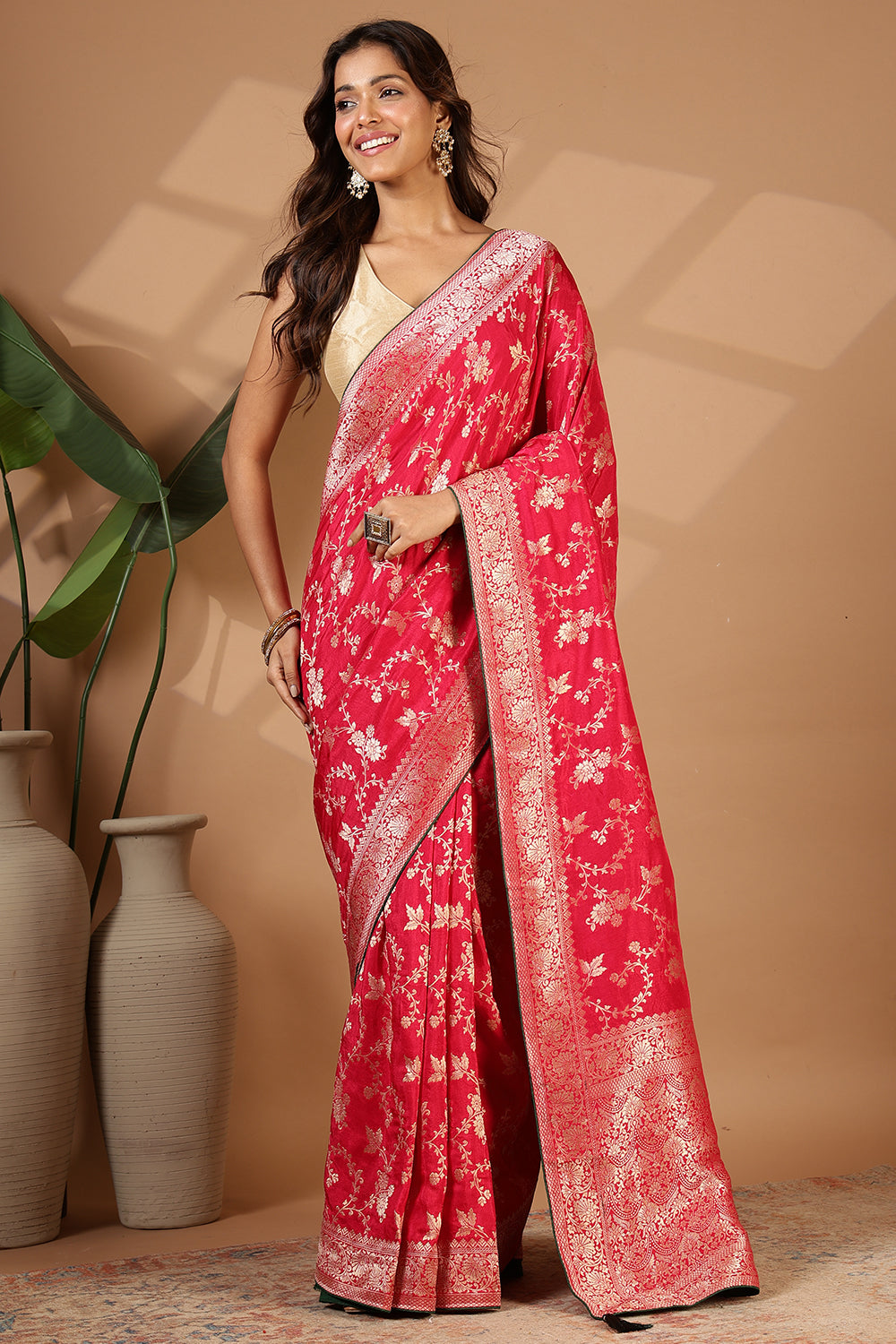 Cardinal Red Banarasi Silk Zari Floral Zaal Woven Saree