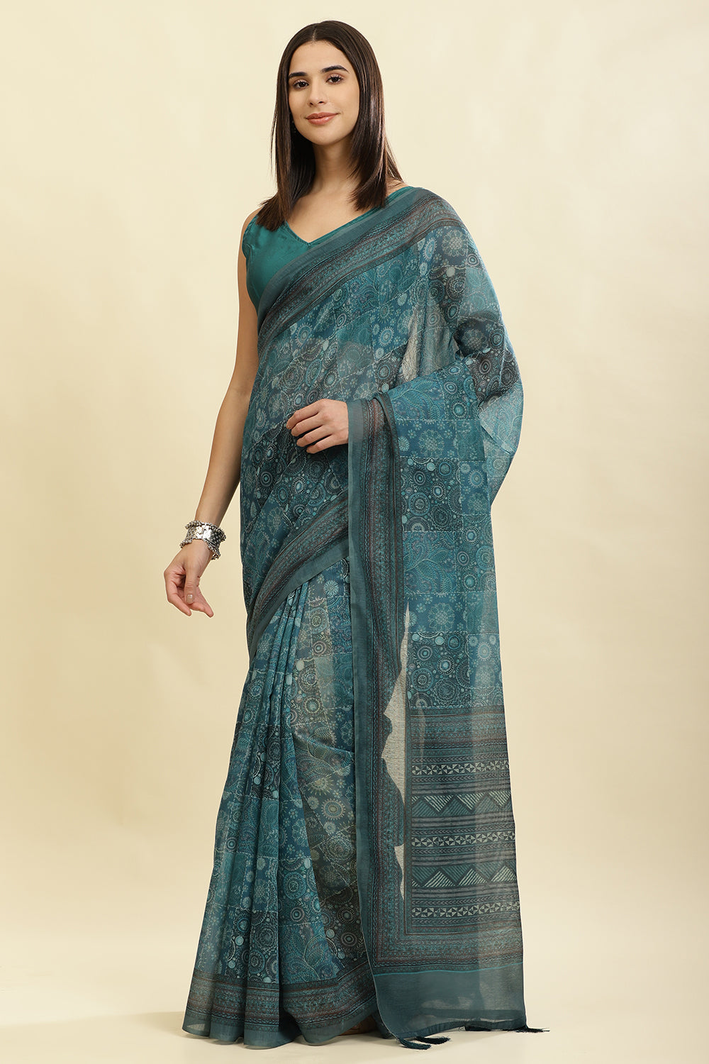 Teal Blue Cotton Silk Printed Saree