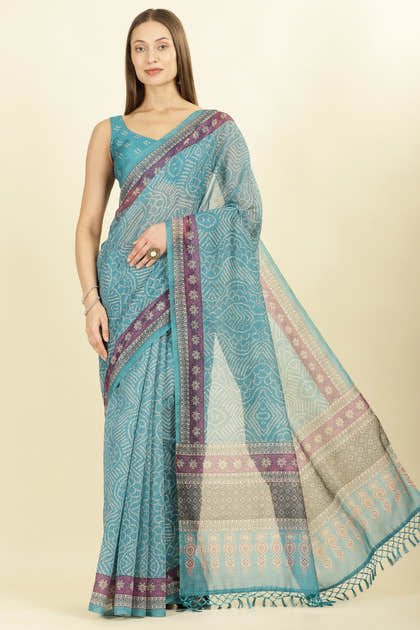 Teal Bandhani Printed Cotton Saree