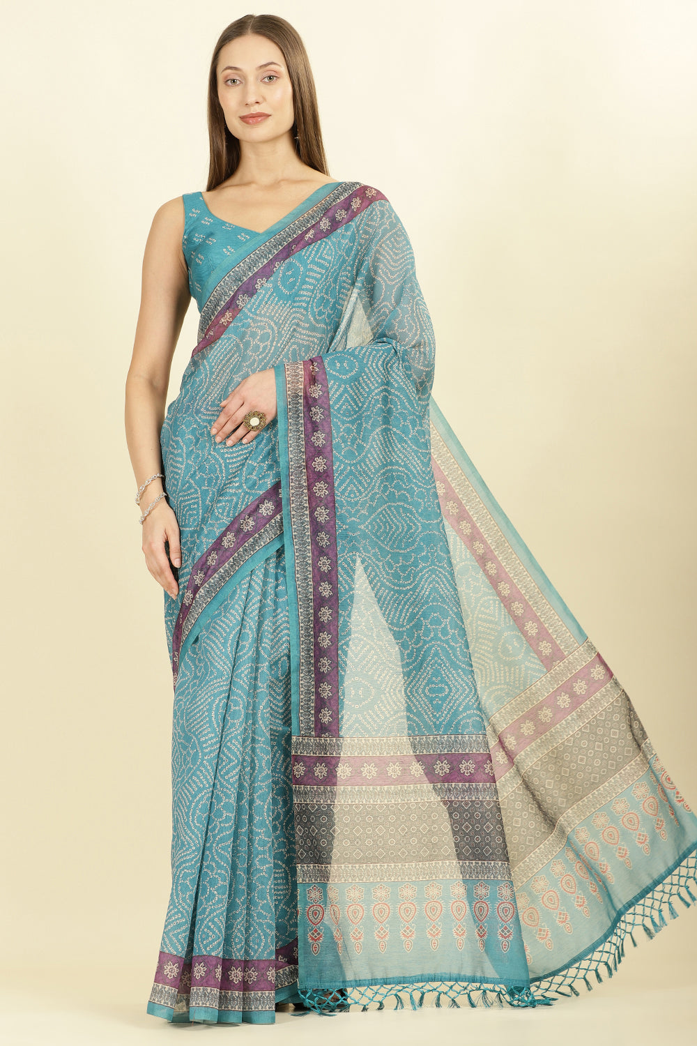 Teal Bandhani Printed Cotton Saree