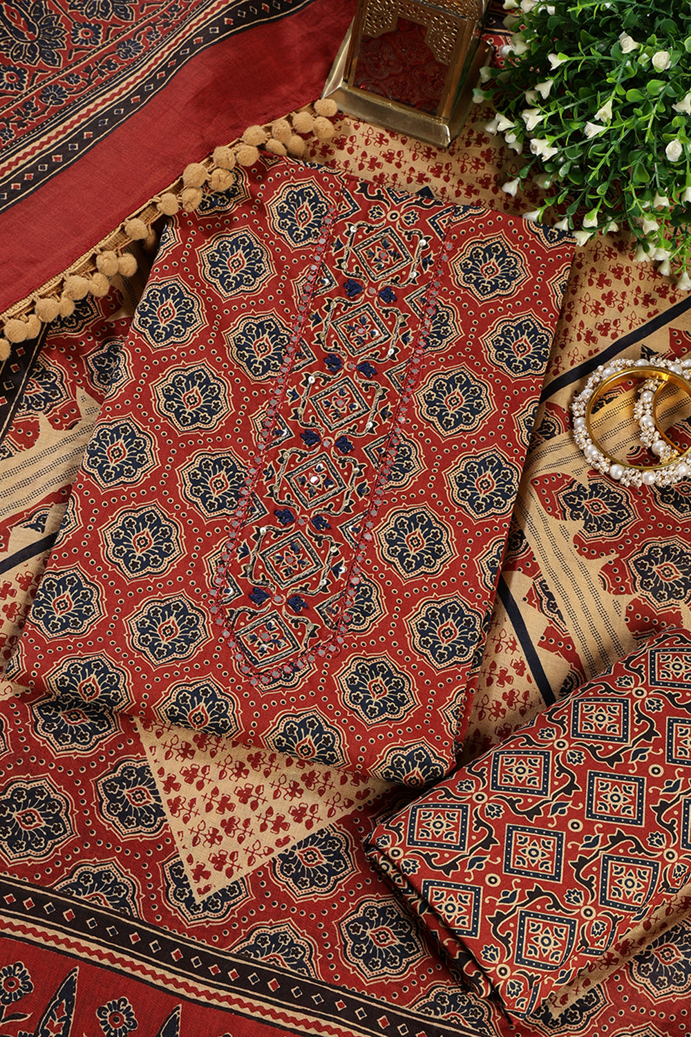 Maroon Cambric Cotton Printed And Mirror Wrok Unstitched Suit Material