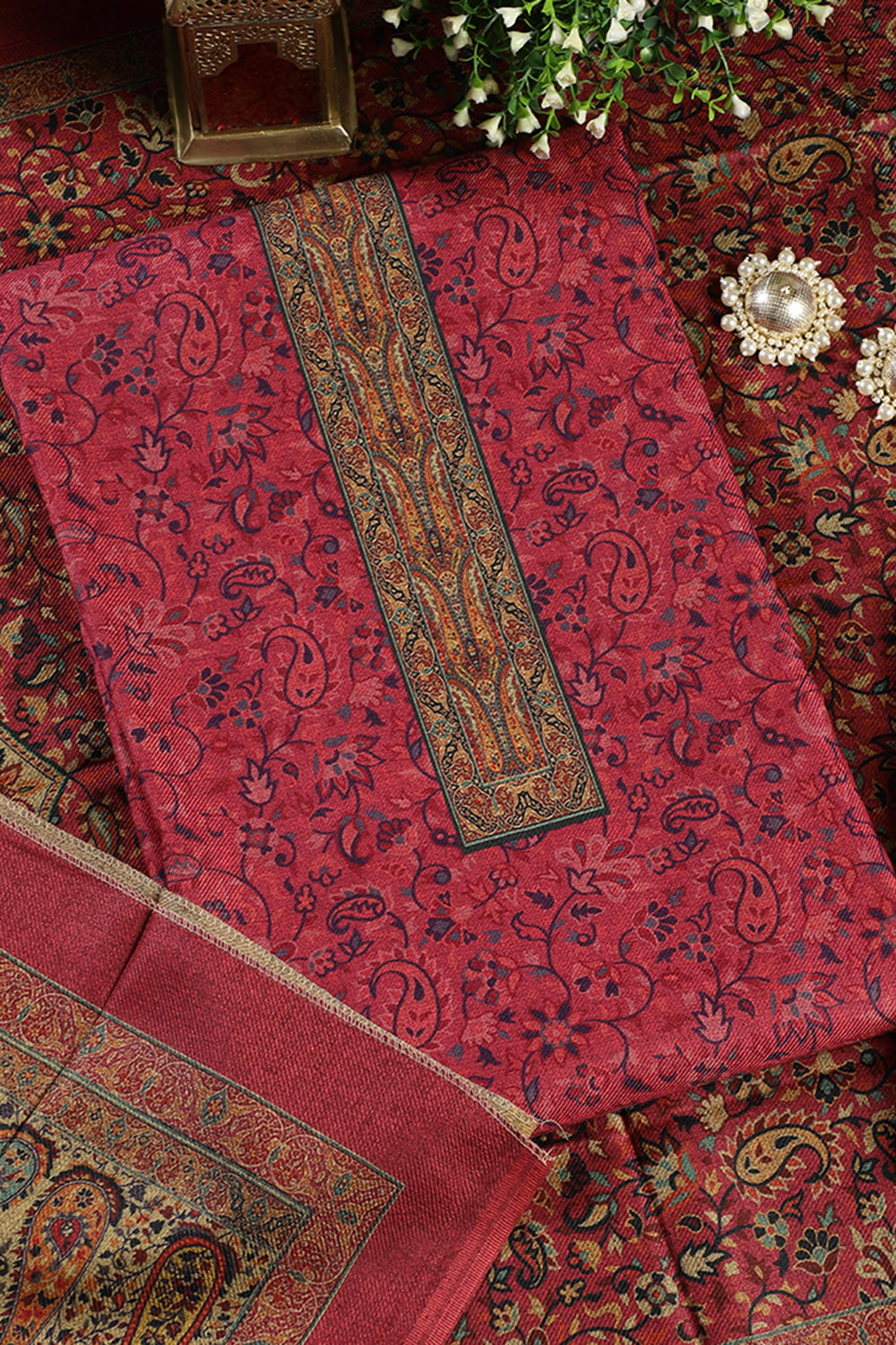 Cranberry Color Pashmina Digital Printed Unstitched Suit Fabric