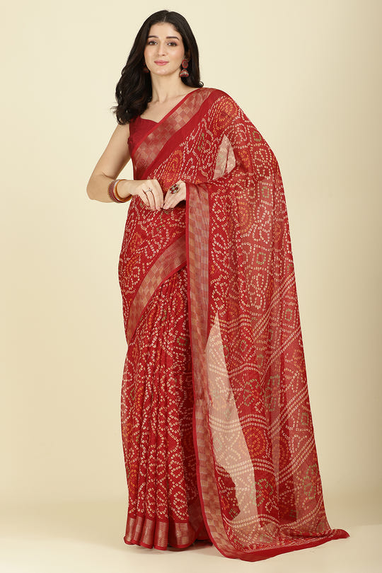 Maroon Color Chiffon Bandhani Printed Saree