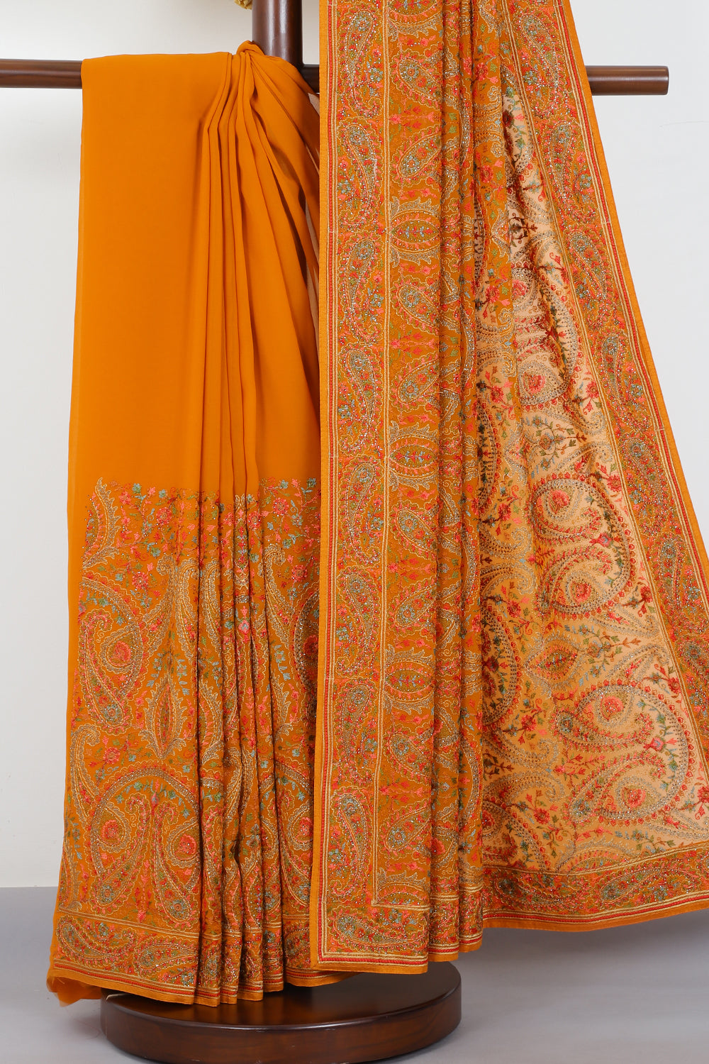 Mustard Georggette Resham Embroidered And Swaroski Work Saree