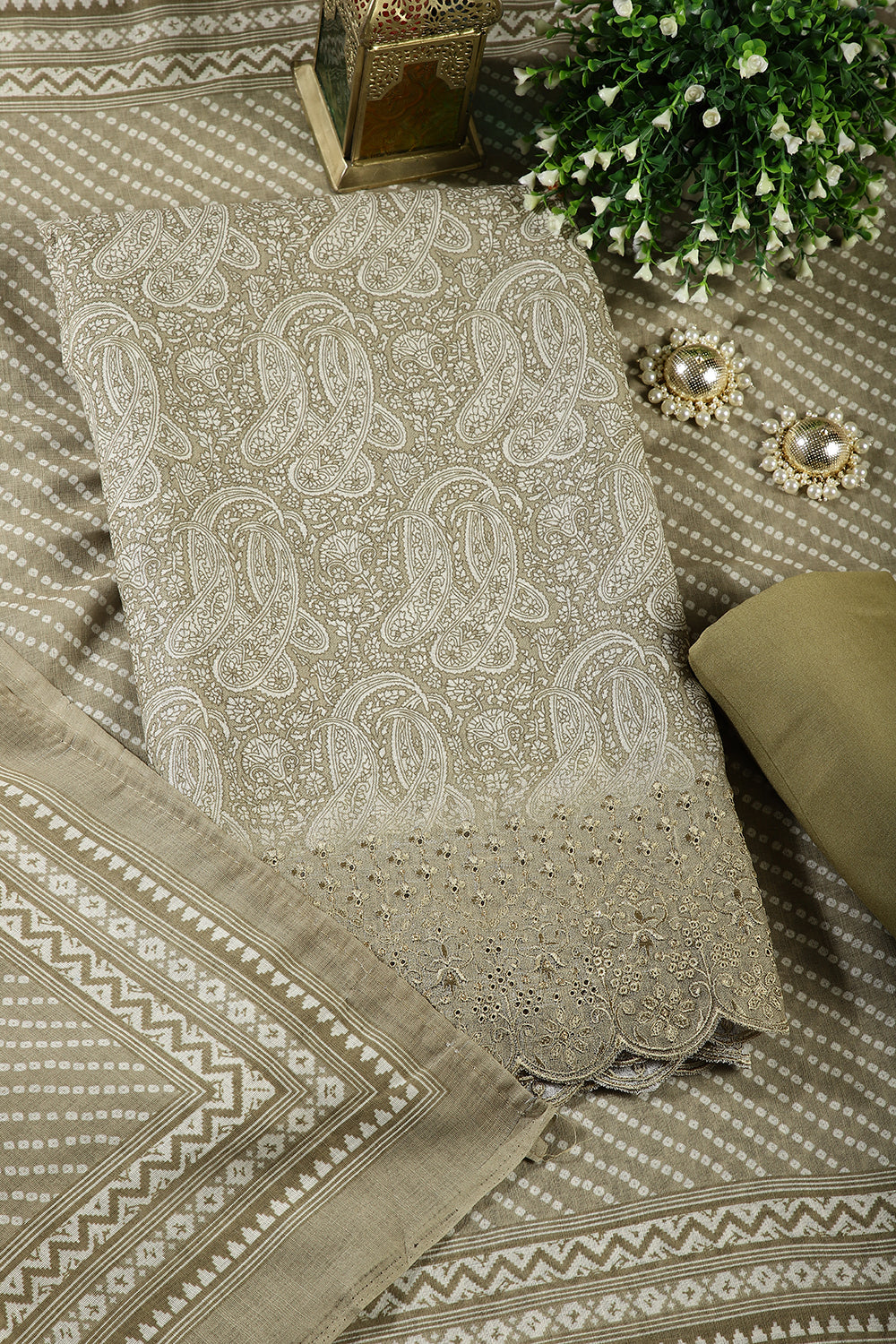 Mehandi Color Chanderi Cotton Floral Printed Unstitched Suit Material