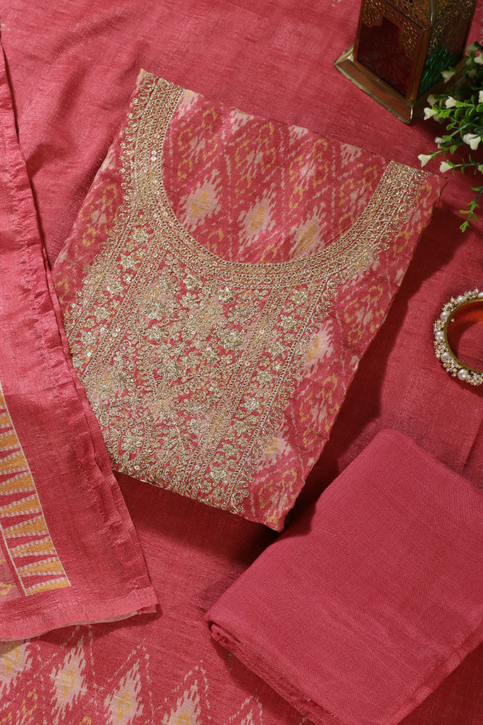 Dusty Pink Chanderi Silk Neck Embroidered Unstitched Suit Material
