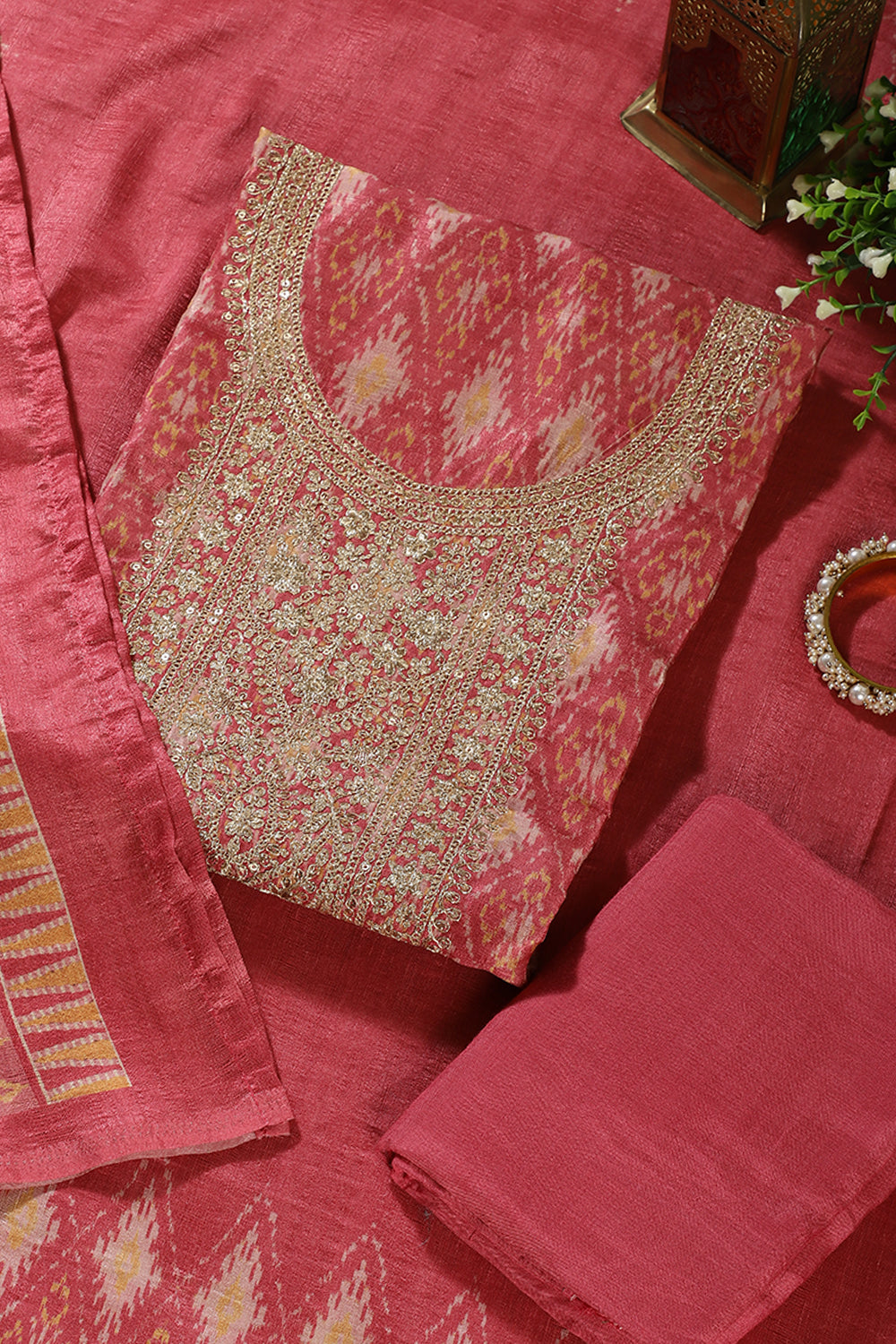 Dusty Pink Chanderi Silk Neck Embroidered Unstitched Suit Material
