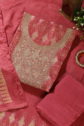Dusty Pink Chanderi Silk Neck Embroidered Unstitched Suit Material