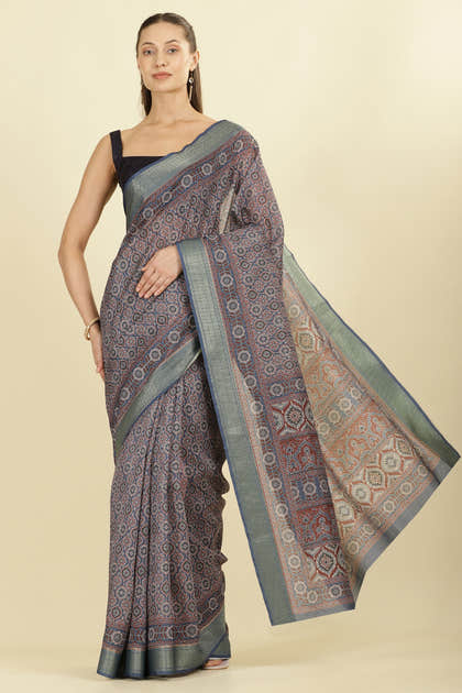 Blue Ajrakh Block Printed Cotton Saree