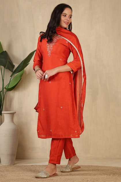 Rust Crepe Silk Neck Embroidered Suit