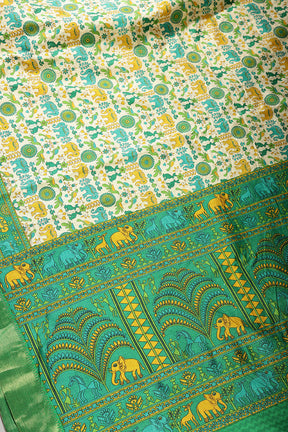 Cream & Green Color Tussar Silk Indian Folk Art Printed Saree
