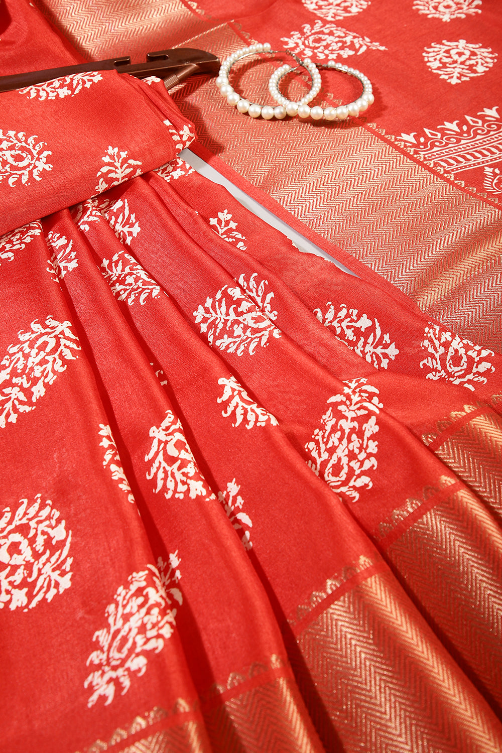 Coral Red Color Block Printed Cotton Silk Saree