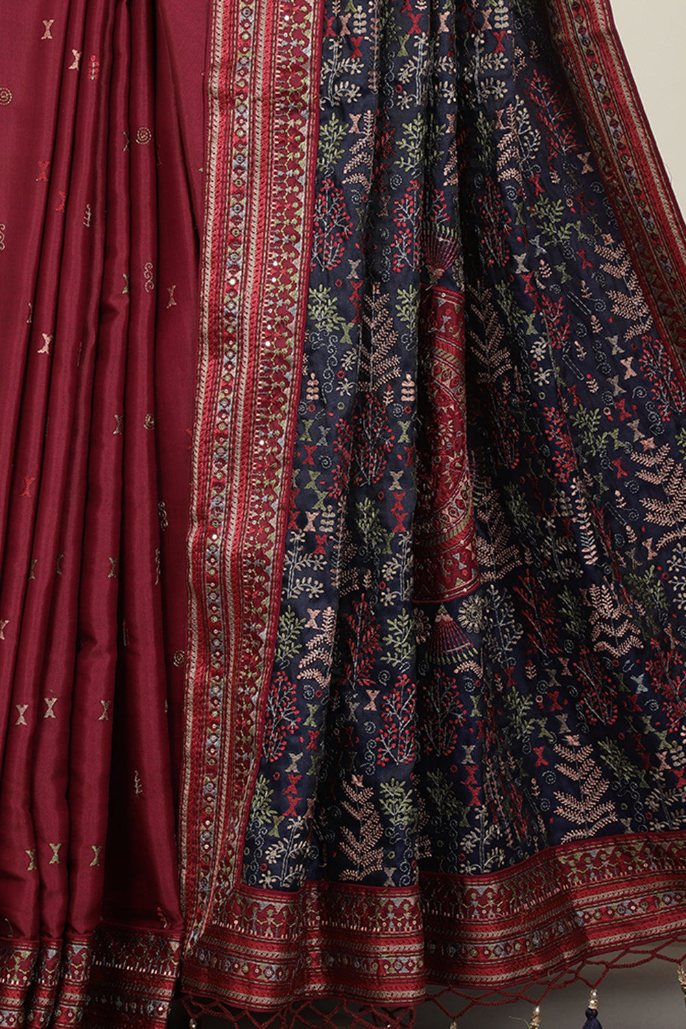 Navy & Wine Silk Resham Embroidered Designer Sarees