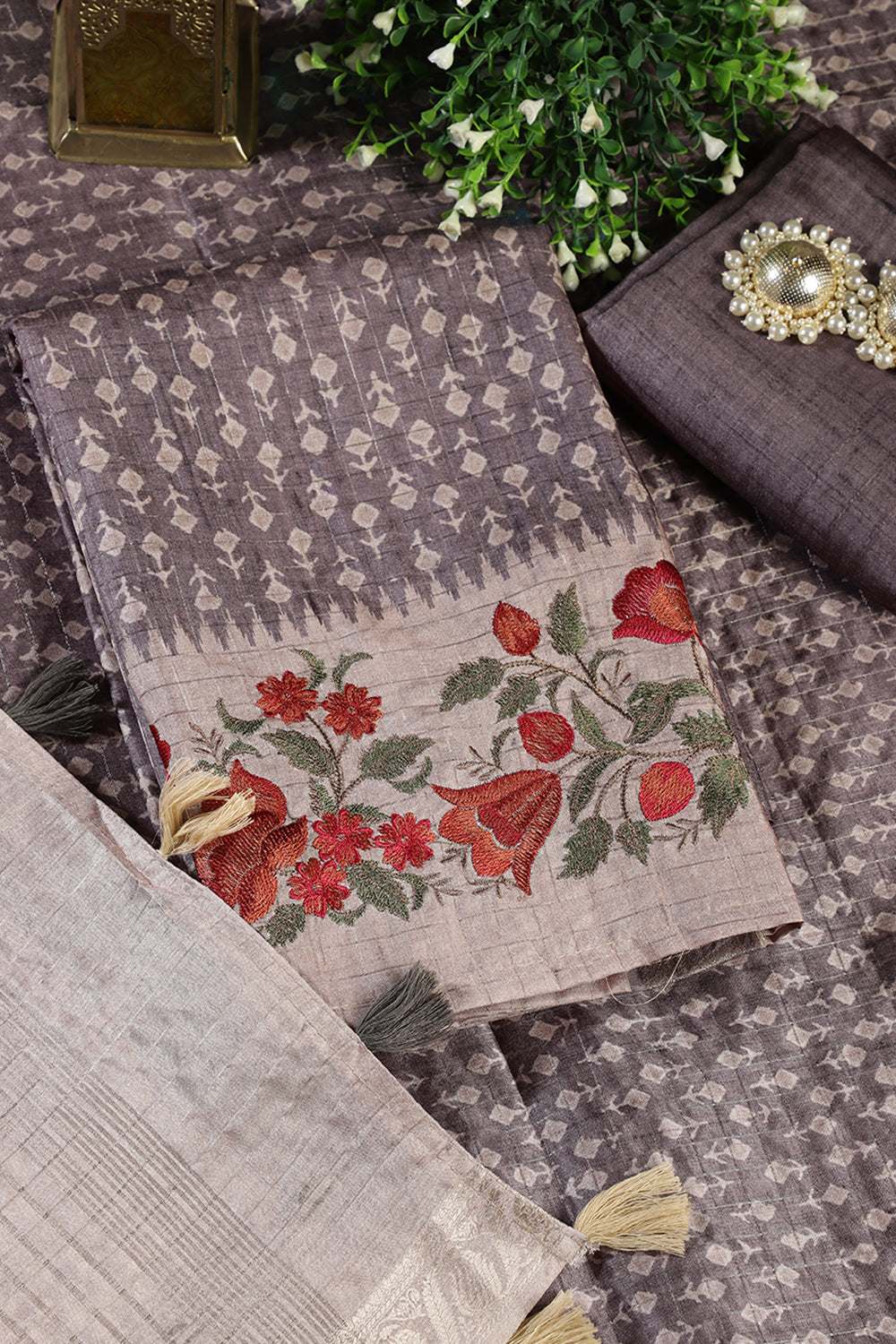 Grey Tussar Cotton Printed And Floral Embroidered Unstiched Suit Material