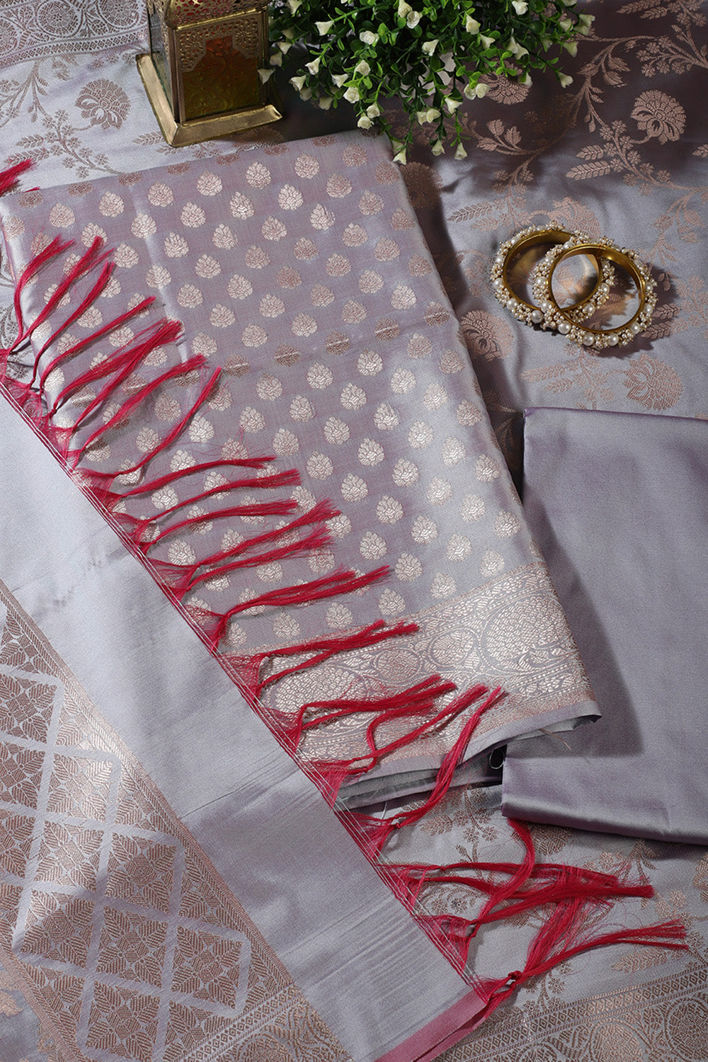 Grey Silk Buta Motifs Woven Unstitched Suit Fabric