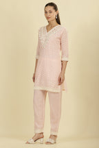 Pink Cotton Hacoba Style Neck-Embroidered Kurta Set