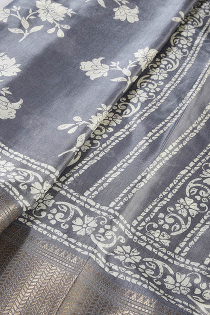 Grey Color Cotton Silk Block Printed Saree