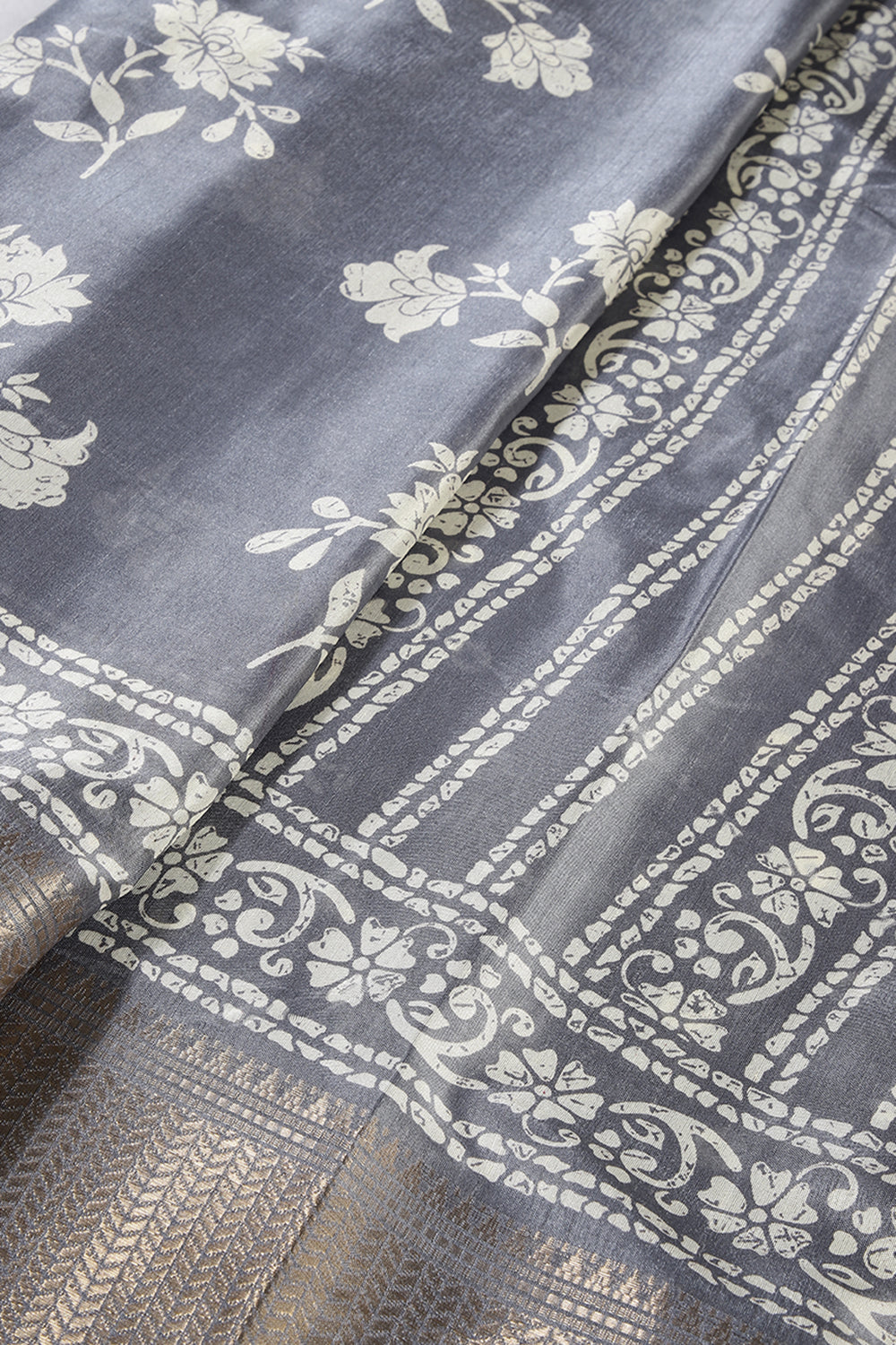 Grey Color Cotton Silk Block Printed Saree