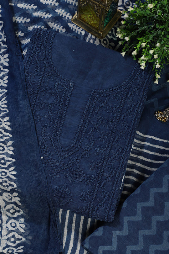 Blue Cotton Resham Embroidered Unstitched Suit Material