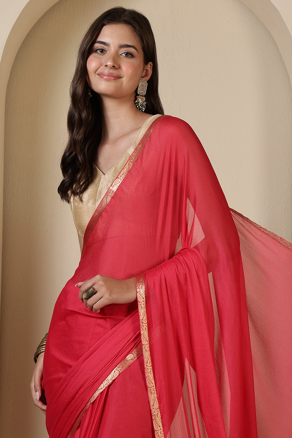 Pink Chiffon Zari Border Saree