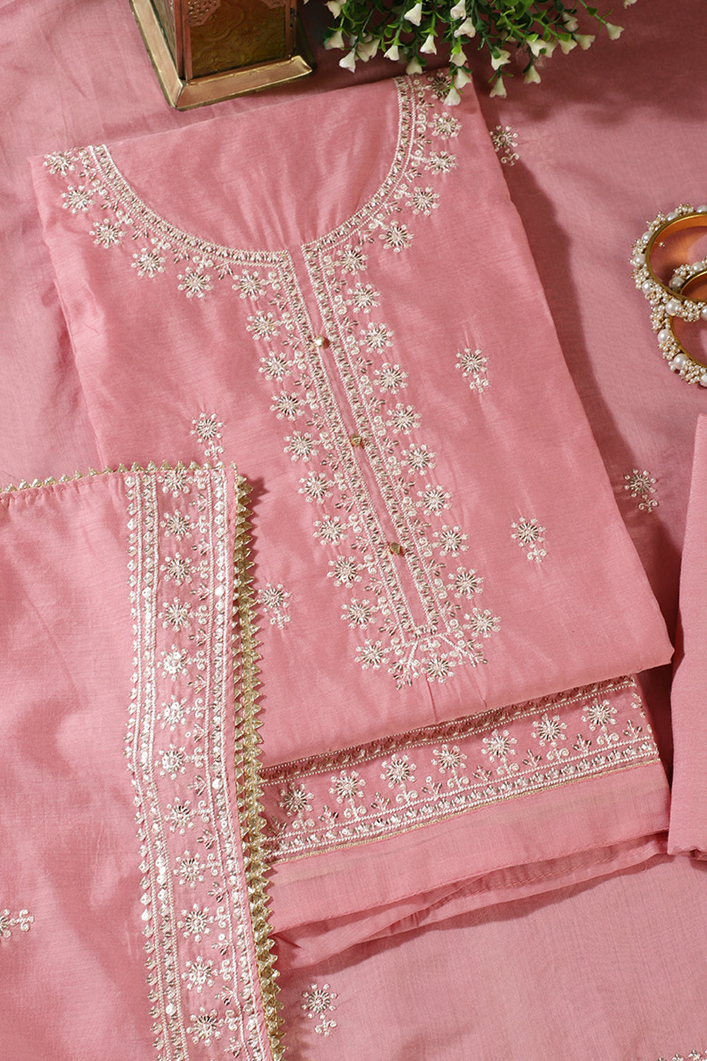 Pink Chanderi Silk Resham Embroidered Unstitched Suit Material