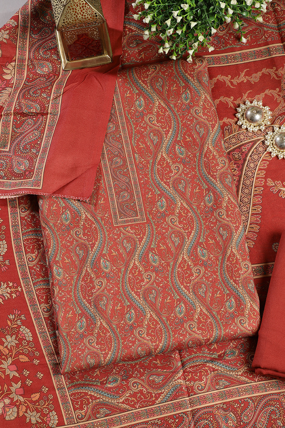 Rust Color Pashmina Digital Printed Unstitched Suit Material