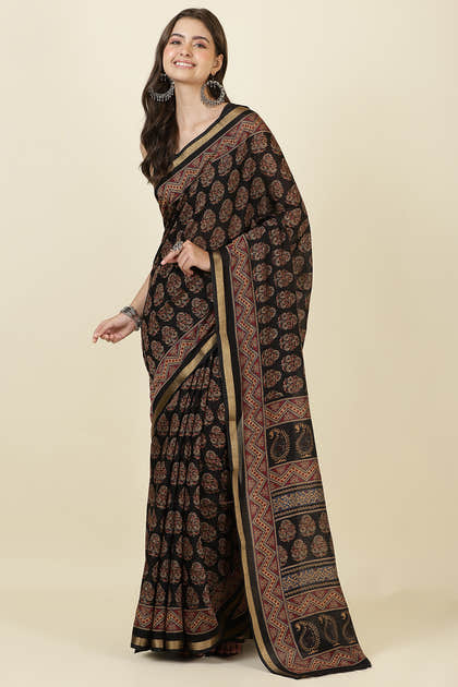 Black Block Printed Cotton Saree
