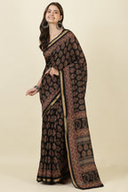 Black Block Printed Cotton Saree