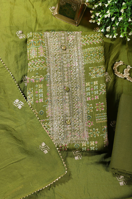 Green Digital Printed & Neck Embroidered Cotton Unstitched Suit