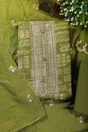 Green Digital Printed & Neck Embroidered Cotton Unstitched Suit