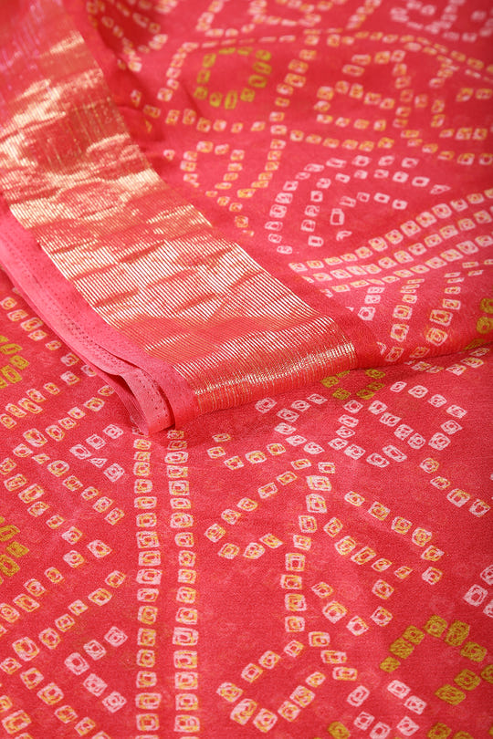 Coral Pink Color Chiffon Bandhani Printed Saree