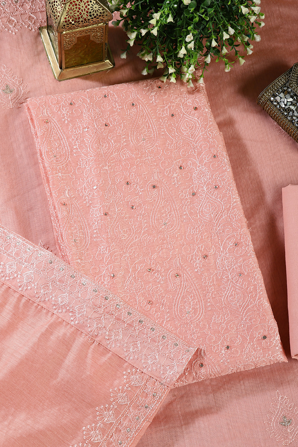 Dusty Pink Chanderi Resham Embroidered Unstitched Suit