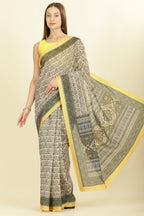 Olive Green Ajrakh Block Printed Cotton Saree