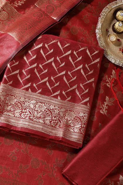 Maroon Colour Zari Woven Silk Unstitched Suit Material