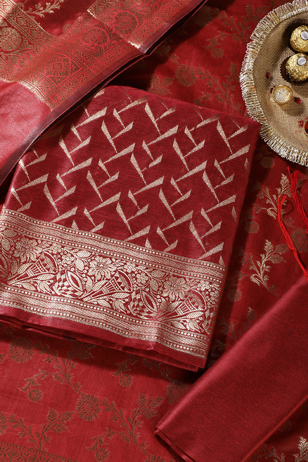 Maroon Colour Zari Woven Silk Unstitched Suit Material