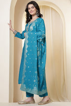 Purple Silk Neck Embroidered Suit Set With Woven Dupatta