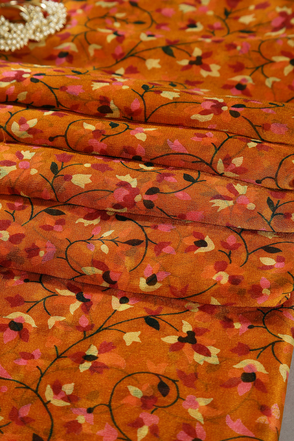 Mustard Color Chiffon Floral Zari Border Printed Saree