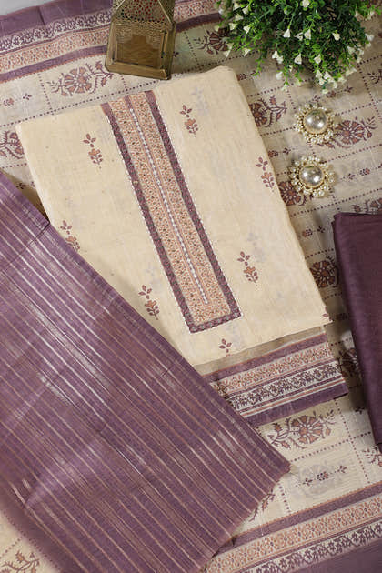 Beige & Mauve Chanderi Cotton Floral Printed And Neck Embroidered Unstitched Suit Material Unstitched Suit Fabric